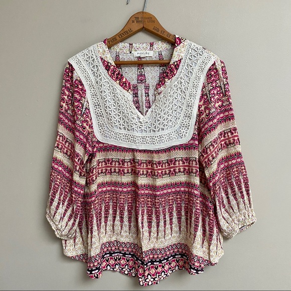 Moon & Sky Tops - Moon & Sky boho printed blouse with crocheted bib
